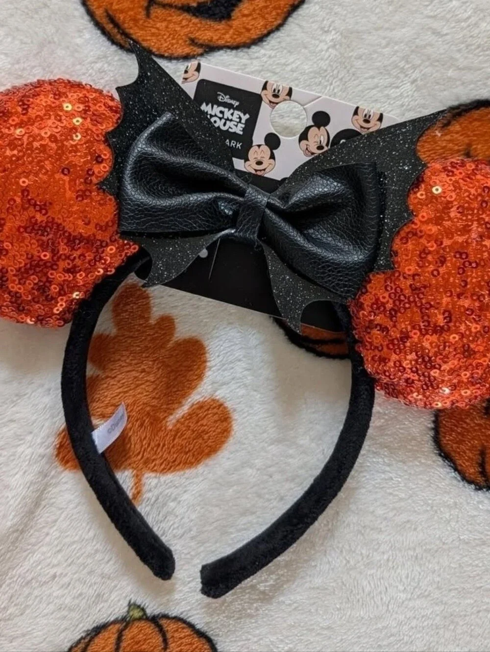 Disney Sequin Pumpkin Orange Minnie Ear Headband with Black Bow Primark